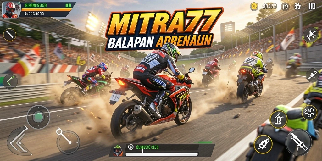 Screenshot gameplay MITRA77 menampilkan balapan motor yang mendebarkan.