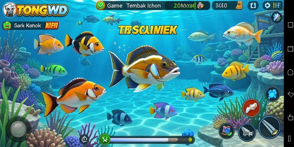 Tampilan gameplay TONGWD dengan ikan beraneka ragam di bawah laut.