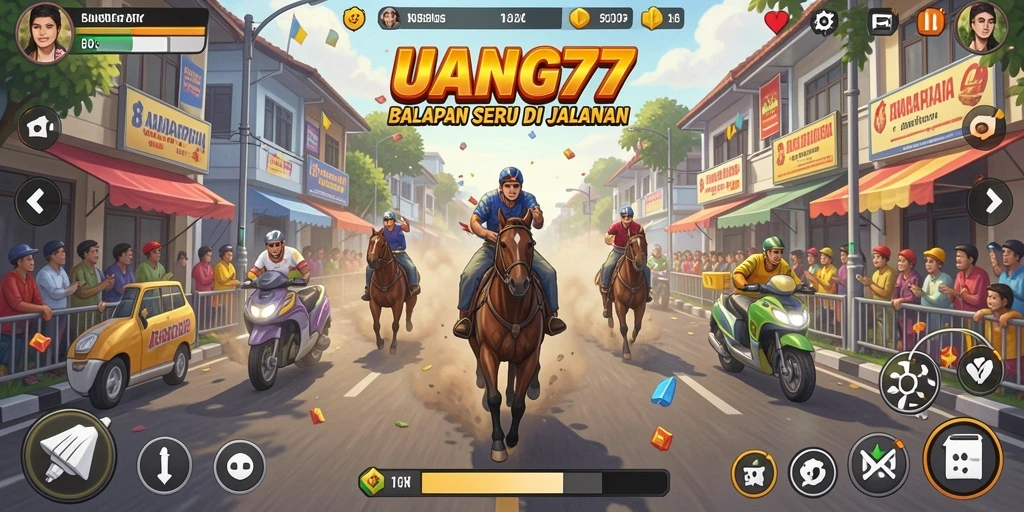 Screenshot gameplay UANG77 menampilkan balapan mendebarkan di lintasan yang menantang.